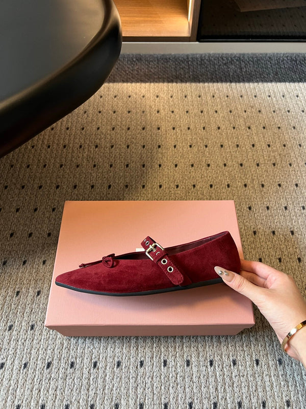 Miu Pointed Toe Bow Mary Jane Flats Red Suede 933430