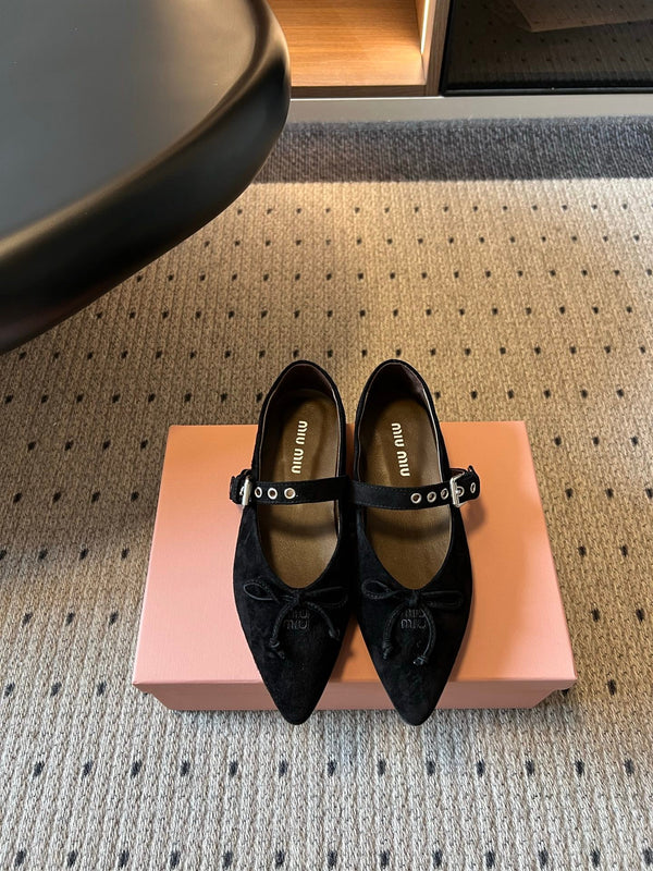Miu Pointed Toe Bow Mary Jane Flats Black Suede 933429