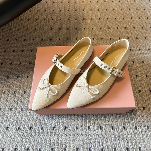 Miu Pointed Toe Bow Mary Jane Flats Cream Suede 933428