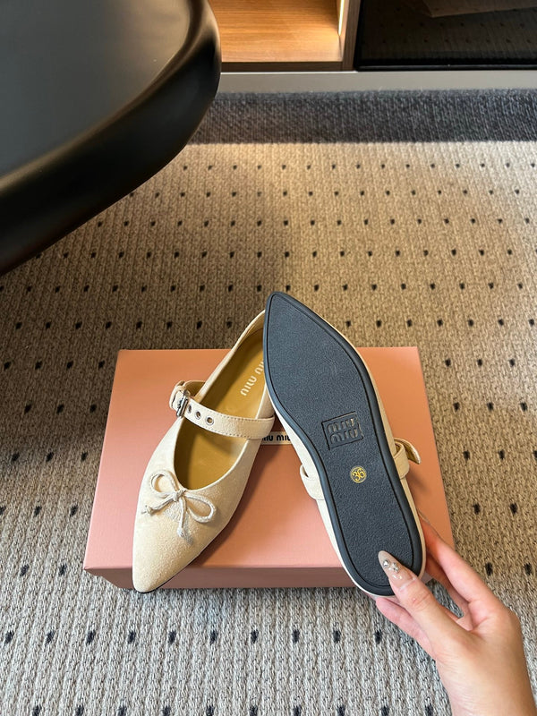 Miu Pointed Toe Bow Mary Jane Flats Cream Suede 933428