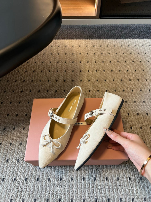 Miu Pointed Toe Bow Mary Jane Flats Cream Suede 933428