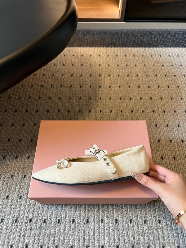 Miu Pointed Toe Bow Mary Jane Flats Cream Suede 933428