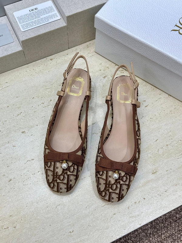 CD Oblique Bow Pearl Slingback Pumps 3.5CM Brown Embroidered Cotton 933312