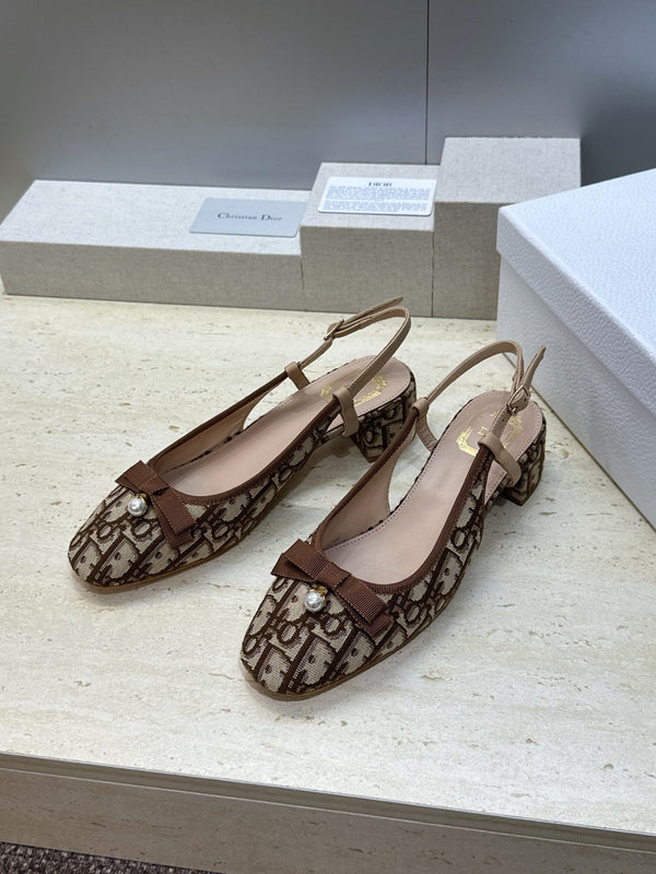 CD Oblique Bow Pearl Slingback Pumps 3.5CM Brown Embroidered Cotton 933312