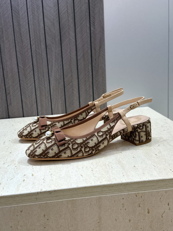 CD Oblique Bow Pearl Slingback Pumps 3.5CM Brown Embroidered Cotton 933312