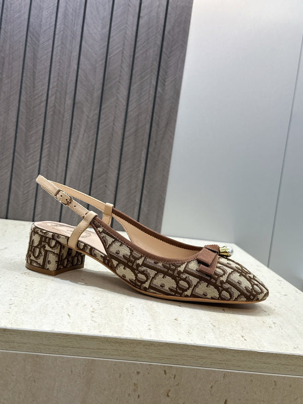 CD Oblique Bow Pearl Slingback Pumps 3.5CM Brown Embroidered Cotton 933312