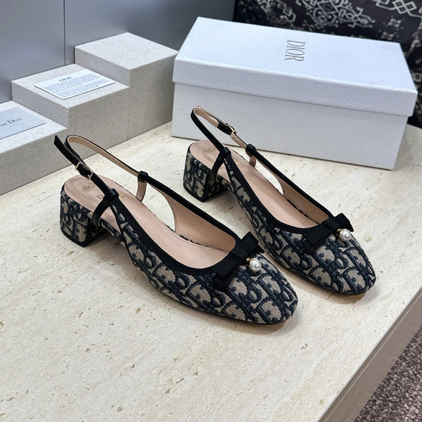 CD Oblique Bow Pearl Slingback Pumps 3.5CM Grey Navy Embroidered Cotton 933311