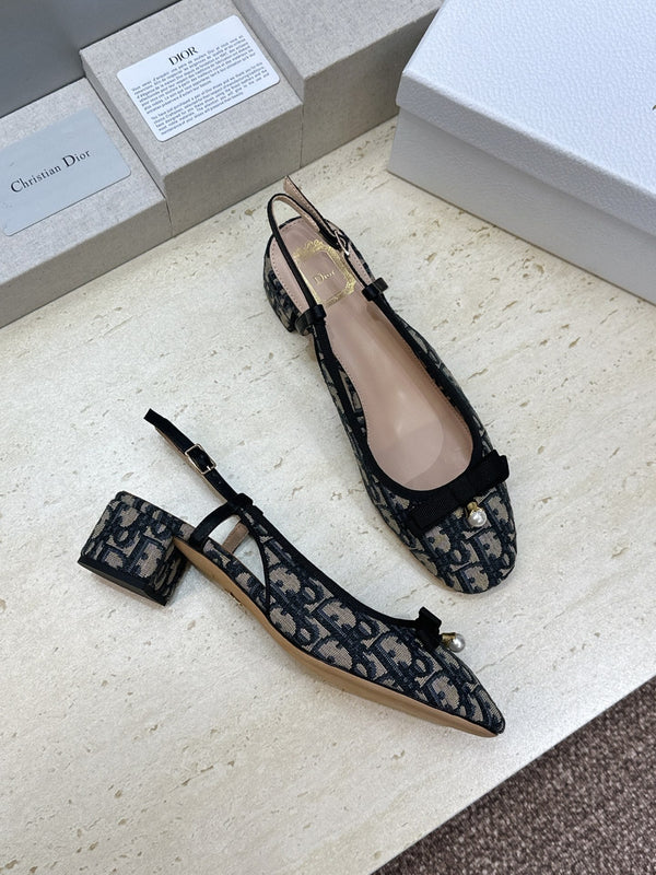 CD Oblique Bow Pearl Slingback Pumps 3.5CM Grey Navy Embroidered Cotton 933311
