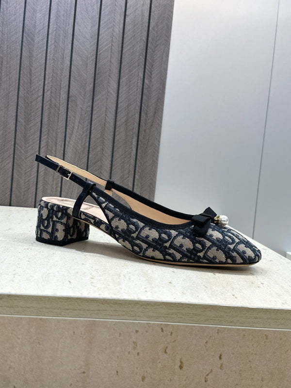 CD Oblique Bow Pearl Slingback Pumps 3.5CM Grey Navy Embroidered Cotton 933311