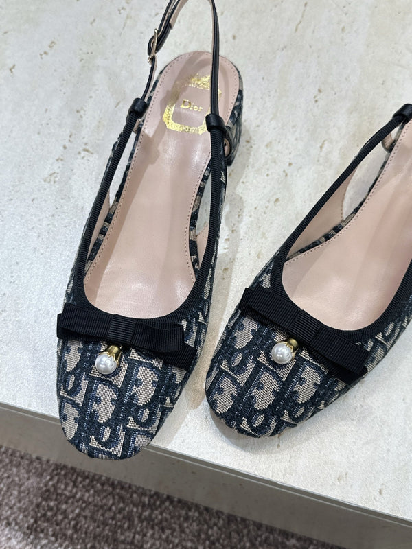 CD Oblique Bow Pearl Slingback Pumps 3.5CM Grey Navy Embroidered Cotton 933311