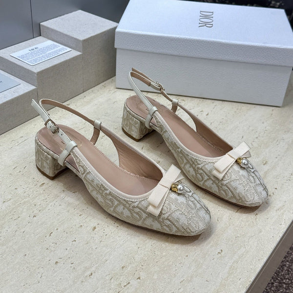 CD Oblique Bow Pearl Slingback Pumps 3.5CM Cream Embroidered Cotton 933310