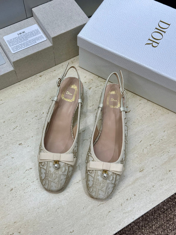 CD Oblique Bow Pearl Slingback Pumps 3.5CM Cream Embroidered Cotton 933310