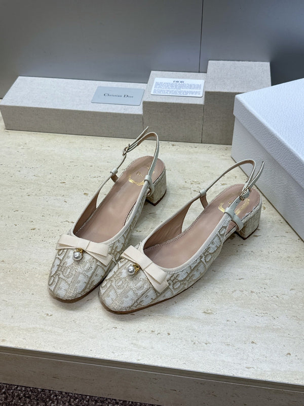 CD Oblique Bow Pearl Slingback Pumps 3.5CM Cream Embroidered Cotton 933310