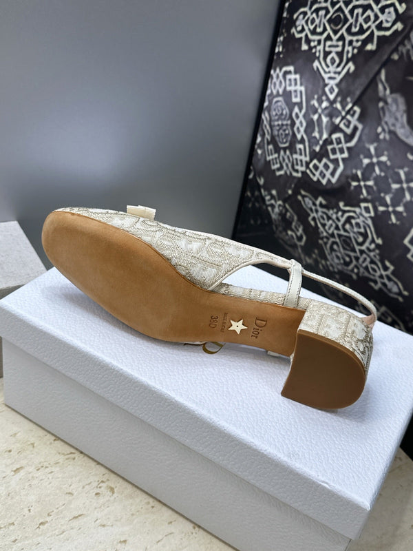 CD Oblique Bow Pearl Slingback Pumps 3.5CM Cream Embroidered Cotton 933310