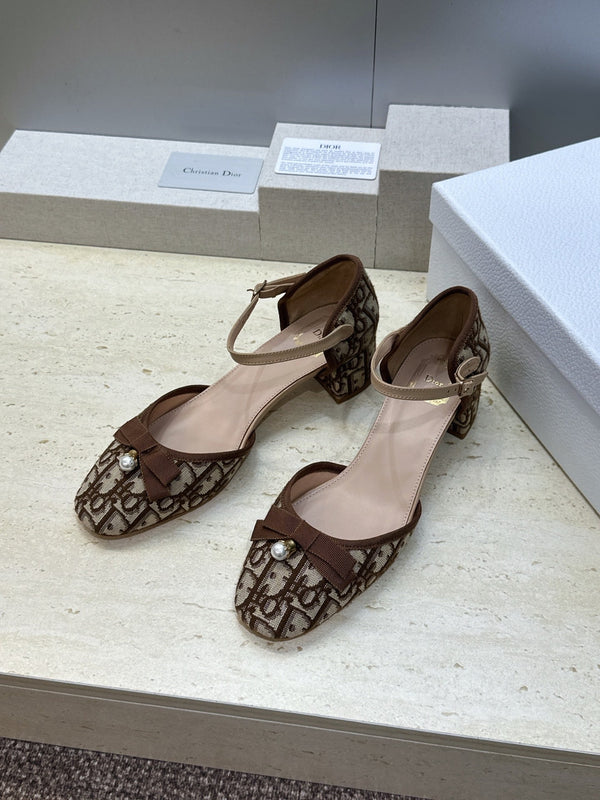 CD Oblique Bow Pearl Ankle Strap Pumps 3.5CM Brown Embroidered Cotton 933315