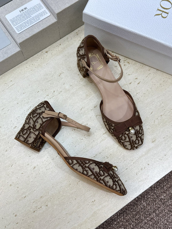 CD Oblique Bow Pearl Ankle Strap Pumps 3.5CM Brown Embroidered Cotton 933315