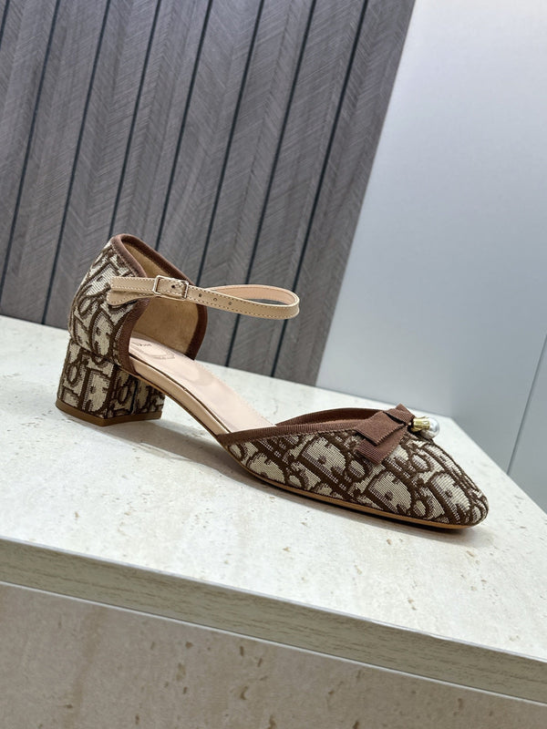 CD Oblique Bow Pearl Ankle Strap Pumps 3.5CM Brown Embroidered Cotton 933315