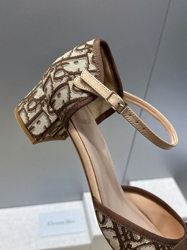 CD Oblique Bow Pearl Ankle Strap Pumps 3.5CM Brown Embroidered Cotton 933315