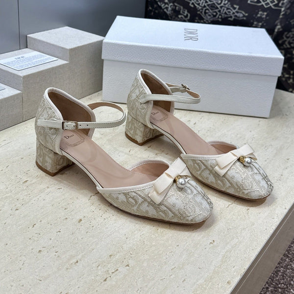 CD Oblique Bow Pearl Ankle Strap Pumps 3.5CM Cream Embroidered Cotton 933314