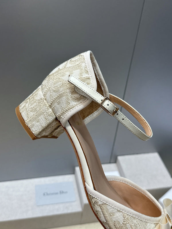 CD Oblique Bow Pearl Ankle Strap Pumps 3.5CM Cream Embroidered Cotton 933314