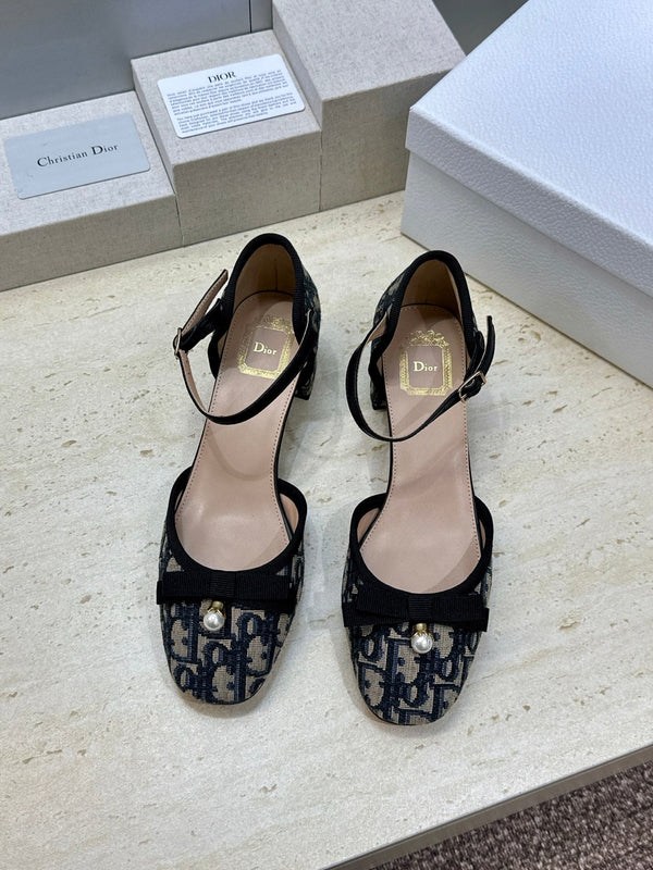 CD Oblique Bow Pearl Ankle Strap Pumps 3.5CM Grey Navy Embroidered Cotton 933313