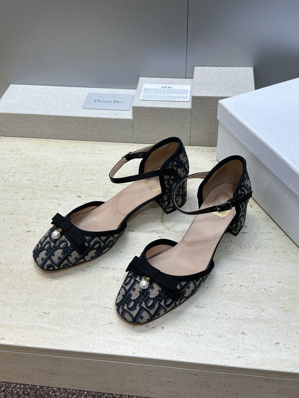 CD Oblique Bow Pearl Ankle Strap Pumps 3.5CM Grey Navy Embroidered Cotton 933313