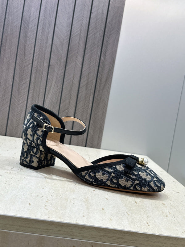 CD Oblique Bow Pearl Ankle Strap Pumps 3.5CM Grey Navy Embroidered Cotton 933313