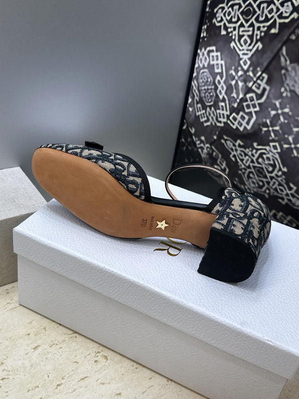 CD Oblique Bow Pearl Ankle Strap Pumps 3.5CM Grey Navy Embroidered Cotton 933313