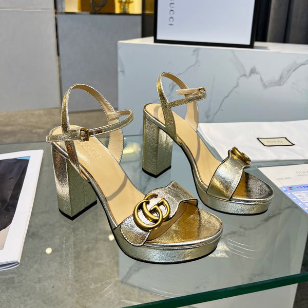 GG 26S Marmont Platform Sandals 10CM Light Gold Metallic Leather 926708