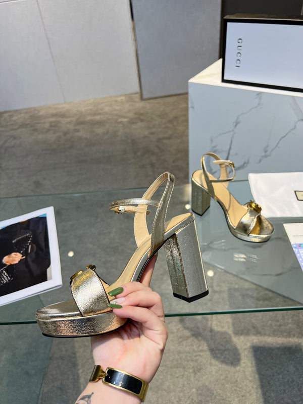 GG 26S Marmont Platform Sandals 10CM Light Gold Metallic Leather 926708