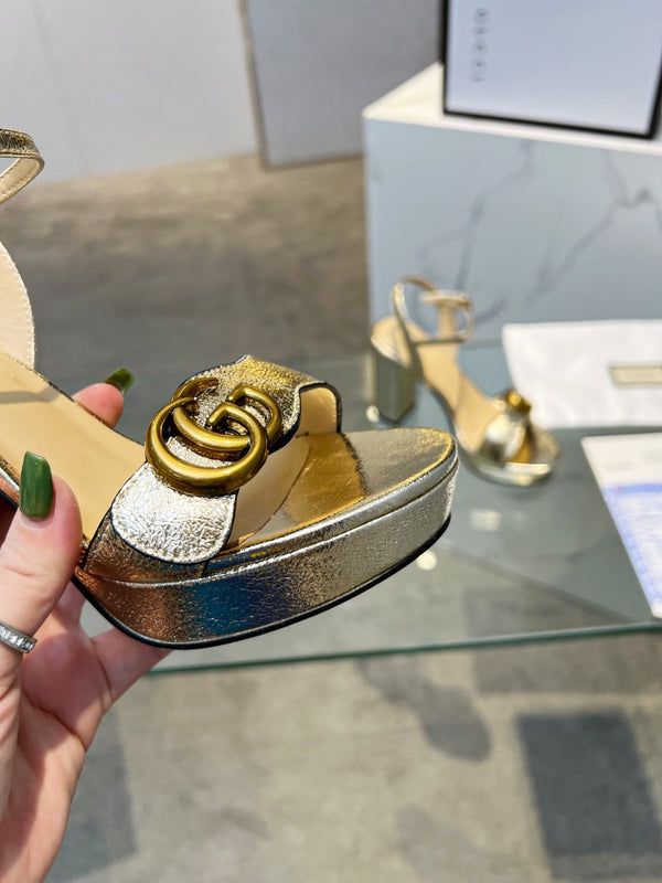 GG 26S Marmont Platform Sandals 10CM Light Gold Metallic Leather 926708