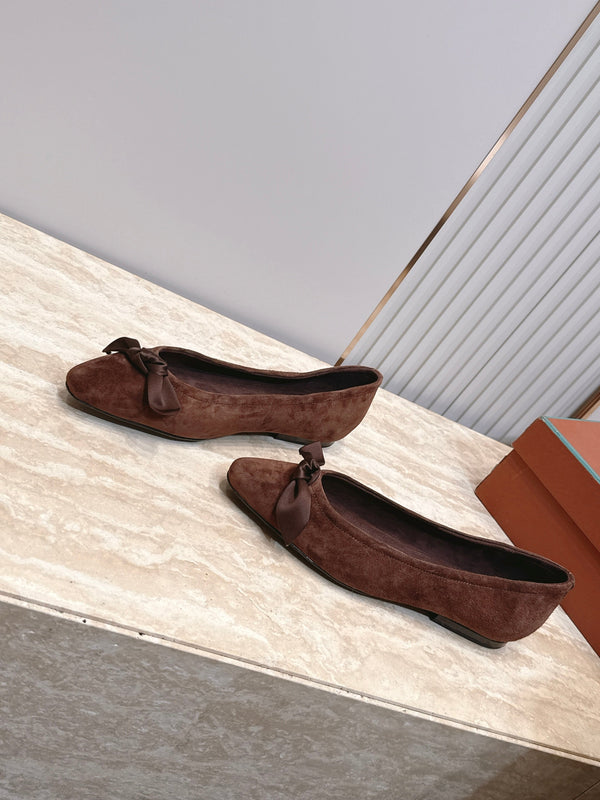 LP Primula Pointed-Toe Ballet Flats Silk Bow Brown Suede 954478