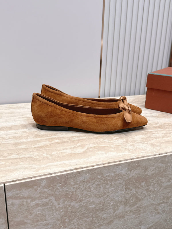 LP Primula Pointed-Toe Ballet Flats Silk Bow Dark Brown Suede 954474