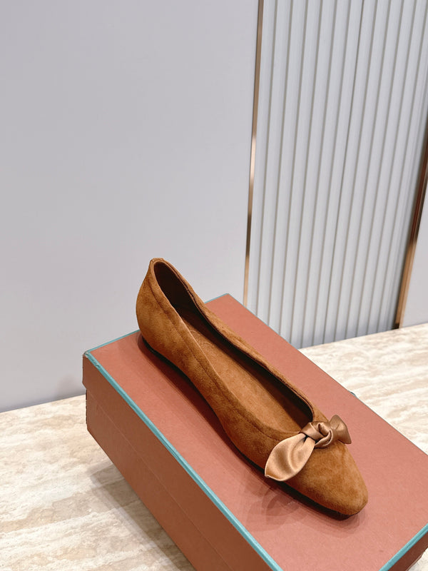 LP Primula Pointed-Toe Ballet Flats Silk Bow Dark Brown Suede 954474