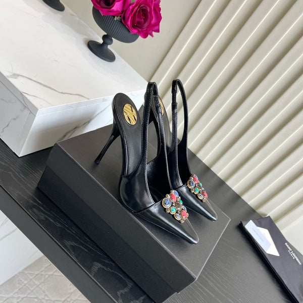 YSL Iceland Slingback Pumps 10CM Crystal Embellishment Black Leather 956512