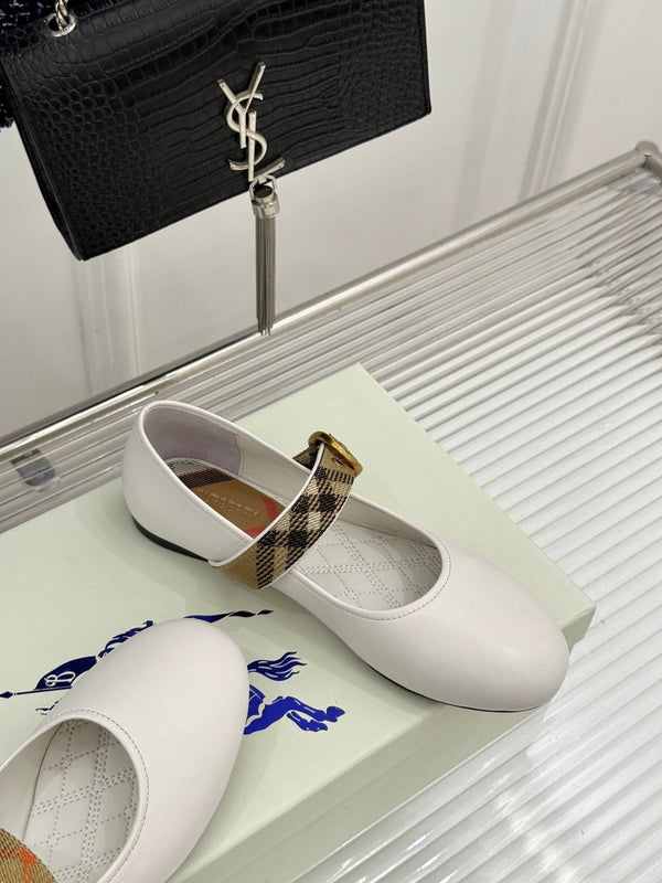 Burberry Robin Mary Jane Flats Check Strap White Leather 956171