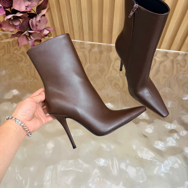 YSL Pointed-Toe Stiletto Ankle Boots 8CM Brown Leather 955832