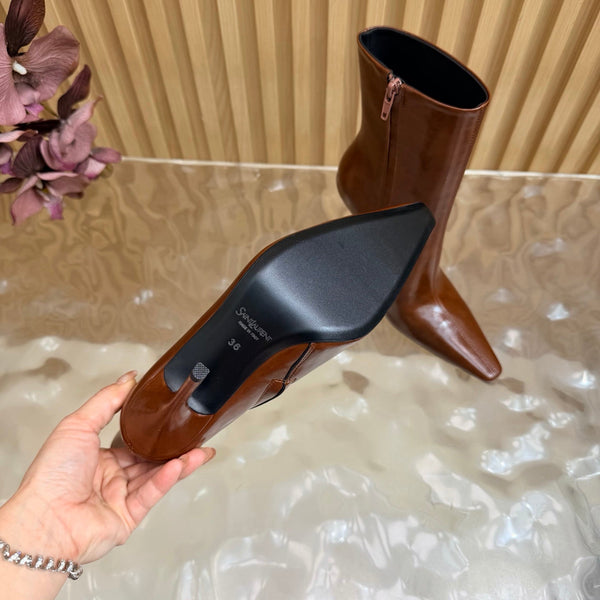 YSL Pointed-Toe Stiletto Ankle Boots 8CM Dark Brown Leather 955829