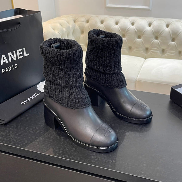 CC Sock Ankle Boots Block Heel 6cm Black Suede Leather 958121