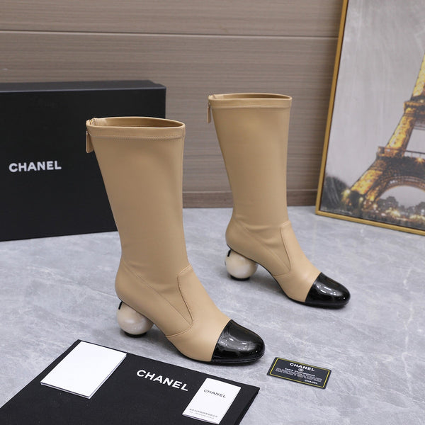 CC 26s Mid-Calf Boots Pearl Ball Heel 6.5CM Beige Calfskin 961583
