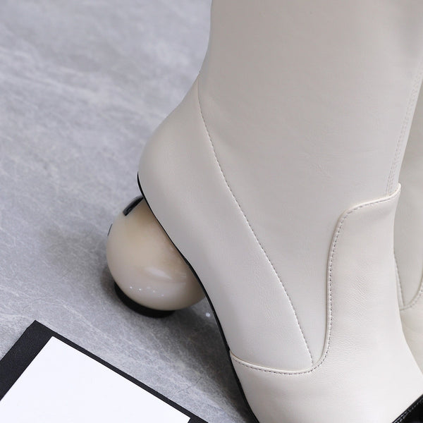 CC 26s Mid-Calf Boots Pearl Ball Heel 6.5CM White Calfskin 961582