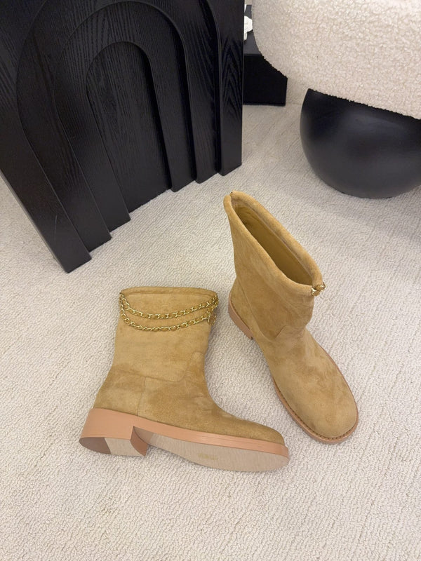 CC Mid-Calf Boots 4CM Gold Chain Charm Camel Knit Suede 961504