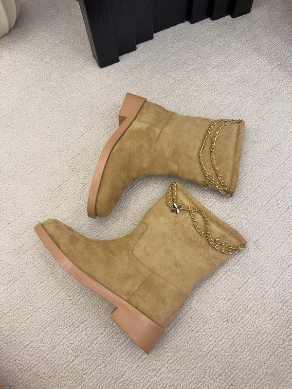 CC Mid-Calf Boots 4CM Gold Chain Charm Camel Knit Suede 961504