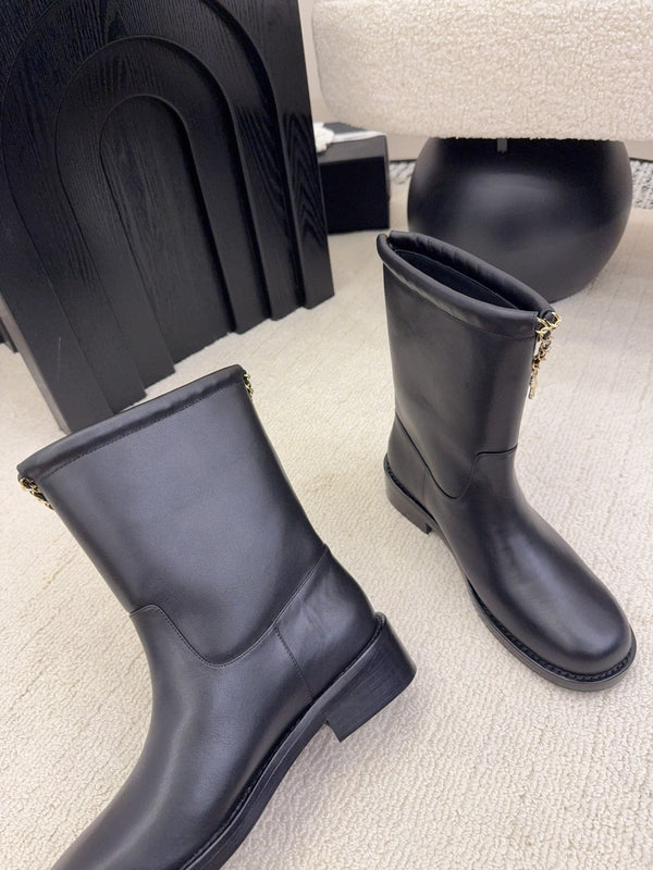 CC Mid-Calf Boots 4CM Gold Chain Charm Black Leather 961500