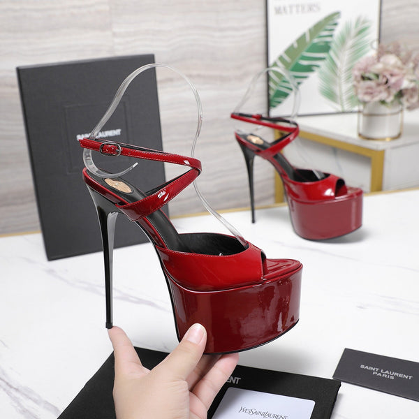 YSL Kika Platform Sandals Stiletto Heel Red Patent Leather 961644