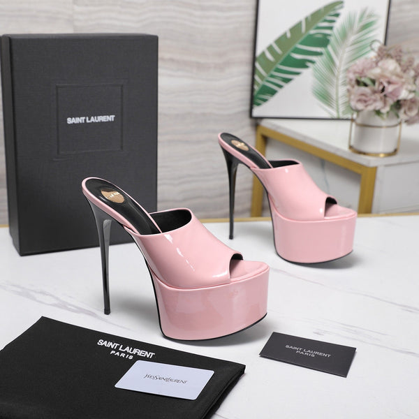 YSL Platform Mules Stiletto Heel Pink Patent Leather 961636