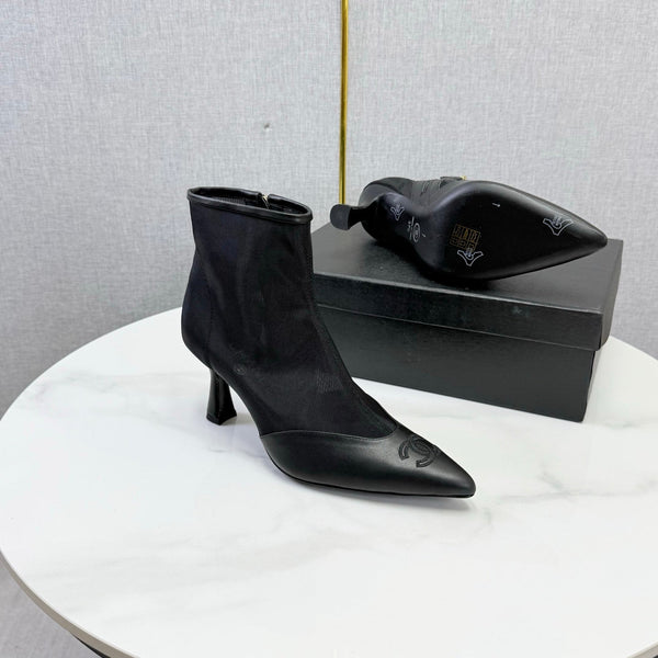 CC 26s Pointed-Toe Stiletto Ankle Boots Black Sheepskin Mesh 972790