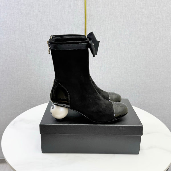 CC Mid-Calf Boots Pearl Ball Heel Bow Black Suede Leather 972797