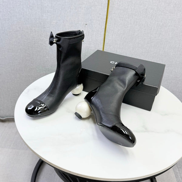 CC Mid-Calf Boots Pearl Ball Heel Bow Black Leather 972798