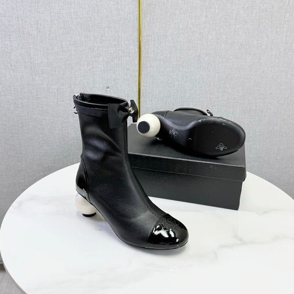 CC Mid-Calf Boots Pearl Ball Heel Bow Black Leather 972798